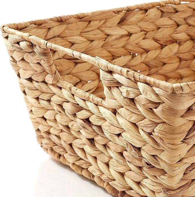Casafield Set of 2 Water Hyacinth Pantry Baskets with Handles, Chalkboard Labels, and Marker - Natural, Wide Woven Storage Bin Organizers for Kitchen Shelves - ModernBath