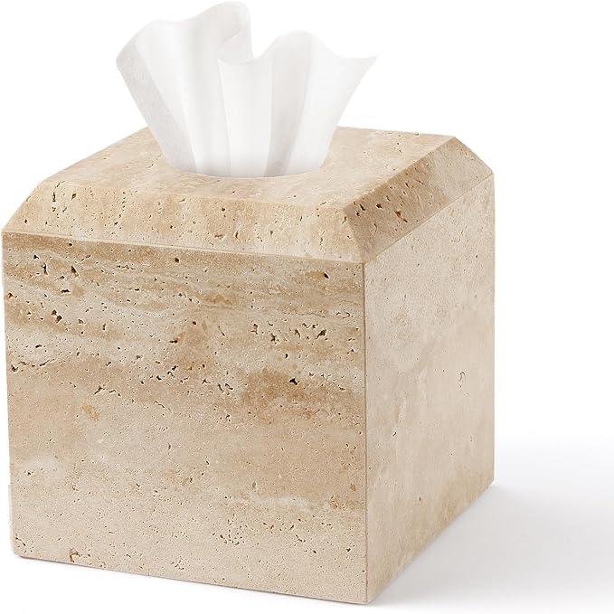 WORHE Tissue Box Cover Italy Natural Travertine Stone Heavy Duty Square Facial Toilet Paper Holder for Bathroom Living Room Bedroom Dresser Kitchen Minimalistic Office Home Decor Beige (TBC145WT) - ModernBath