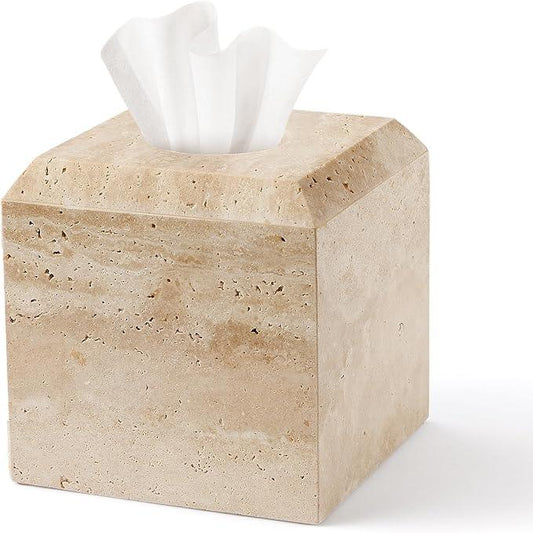WORHE Tissue Box Cover Italy Natural Travertine Stone Heavy Duty Square Facial Toilet Paper Holder for Bathroom Living Room Bedroom Dresser Kitchen Minimalistic Office Home Decor Beige (TBC145WT) - ModernBath