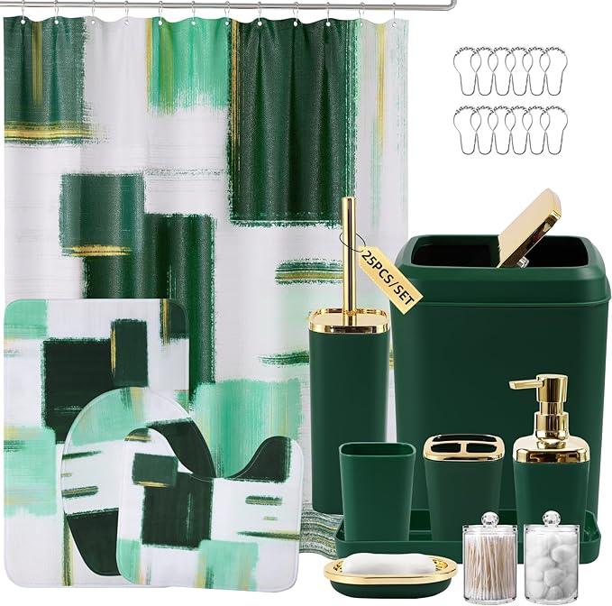 XLHOMO Bathroom Set - Dark Green and Gold Bathroom Accessories Set, Bathroom Sets with Shower Curtain and Rugs, Green Shower Curtain Set with Bathroom Trash Can, Soap Dispenser, Soap Dish for Home - ModernBath