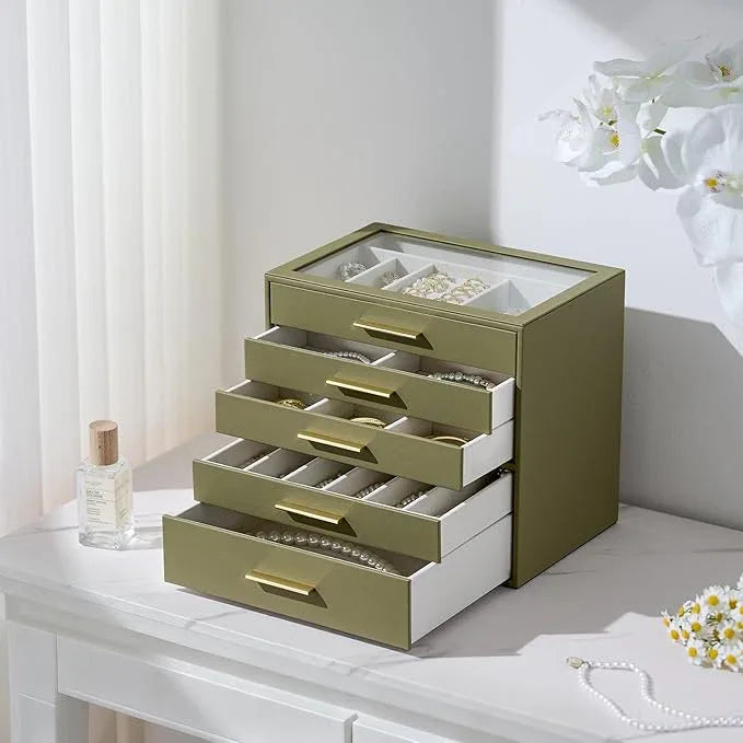 Jewelry Box Organizer Case for Women: 5-Layer Jewelry Storage Case with Glass Window, Olive Green Leather with Cream Velvet, Holder for Ring Necklace Bracelet Brooch Watch, Great Gift for Her - ModernBath