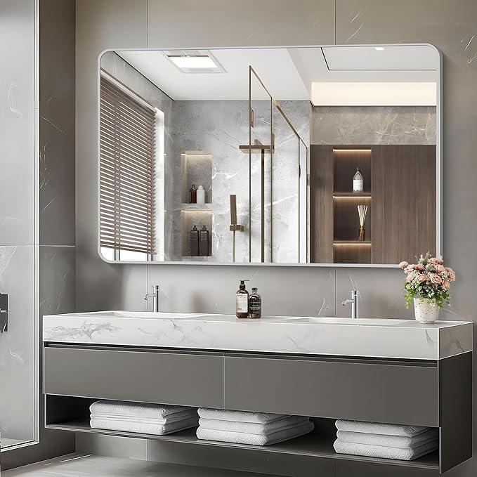 CIVENO 55x36 Inch Silver Bathroom Mirror, Large Rectangular Vanity Mirror, Metal Framed Rectangle Mirror, Rounded Corner Wall Mounted Mirrors for Living Room Bedroom Entryway Horizontal or Vertical - ModernBath