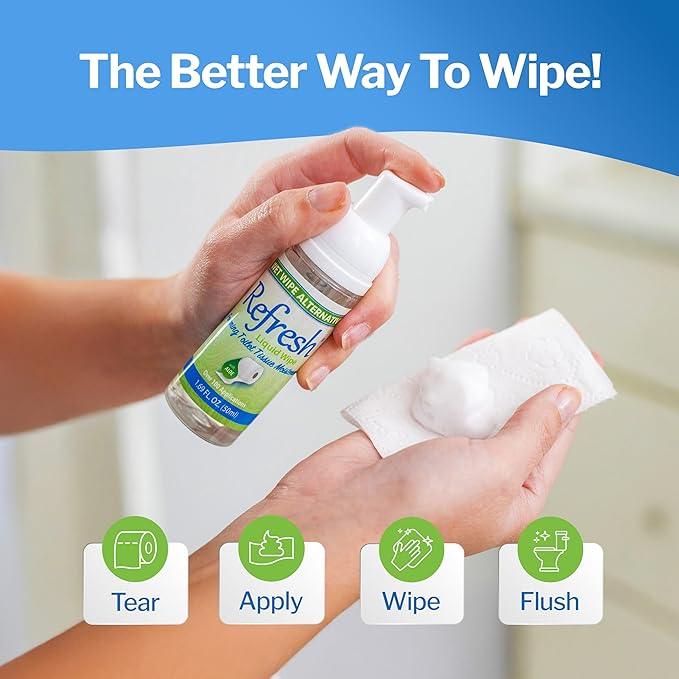 Refresh Liquid Wipe Toilet Paper Foam – Eco-Friendly Flushable Wet Wipe Alternative, Cleanses & Soothes with Witch Hazel & Aloe, Septic & Plumbing Safe, 50 ml (1.69 oz), 1 Pack - ModernBath
