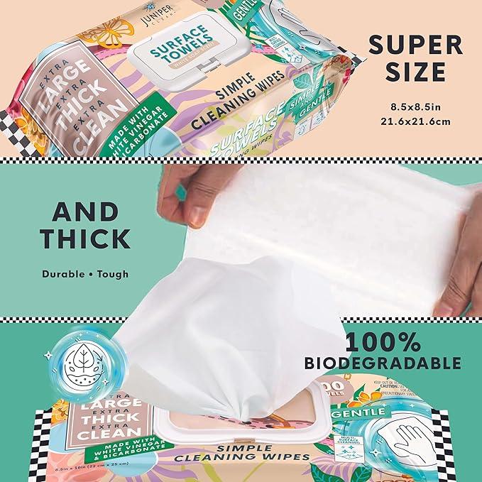 Juniper CLEAN 3 Packs Surface Cleaning Wipes, Thick & Large Dispose, All-Purpose Cleaner for Bathroom, Kitchen, Office, 300 Count Soft Flow, Biodegradable, White Soap Scent - ModernBath