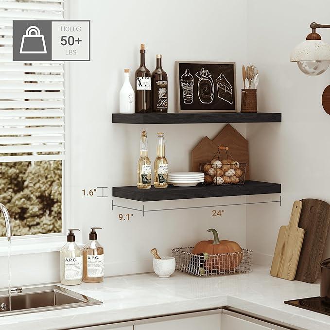 Vivelove Black Floating Shelves for Wall Mounted, 24 inchs x 9.1” Deep x 1.6” Thick Wall Shelves for Bedroom, Living Room, Bathroom，Kitchen, Office, Home Decor Shelf with Invisible Bracket - Set of 2 - ModernBath