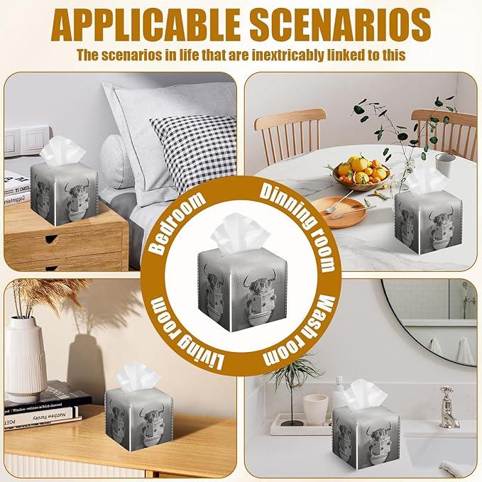 Funny Highland CowTissue Box Cover 2PCS, Leather Tissue Box Holder Square Facial Paper Case Tissue Box Cube Organizer for Bathroom Bedroom Desk Office - ModernBath