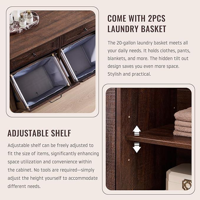 Triple Tilt Out Laundry Hamper Cabinet, 20 Gallon Farmhouse Trash Can Cabinet w/Drawer & Adjustable Shelf, Hidden Garbage Can Bin Cabinets w/Laundry Basket for Bathroom, Kitchen (Brown) - ModernBath