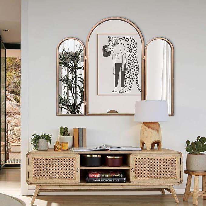 BAODANFU 3 Way Mirror Bathroom, Trifold Vanity Mirrors for Bathroom Bedroom, Large Arch Mirrors Decorative Vintage Gold, Adjustable Makeup Mirror for Braiding Hair 360° Way Tabletop & Wall Mounted - ModernBath