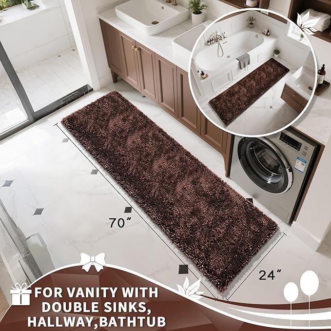 Yimobra Long Bathroom Rugs Runner 70x24 Inch, Extra Thick Soft Absorbent Chenille Bath Mat, Non Slip Machine Washable, Quick Dry Bath Rugs for Bathroom Floor, Tub and Shower, Brown - ModernBath