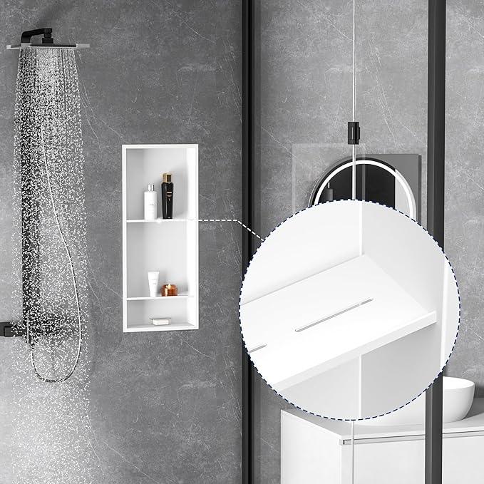 Qeke Stainless Steel Shower Niche 12" X 29", No Tile Needed Wall Niche Three-Tier, Recessed Shower Shelf for Bathroom Storage, Matte White - ModernBath