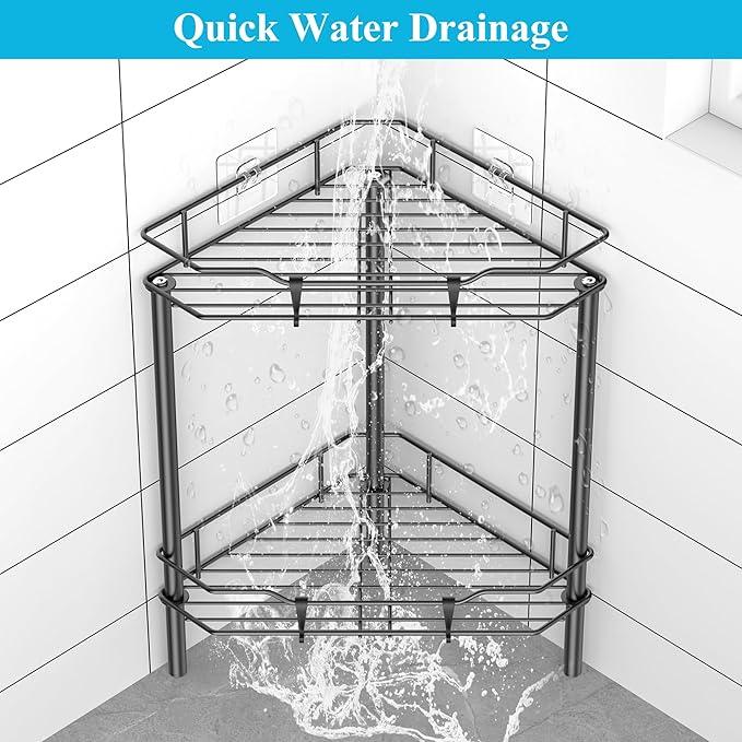2 Tier Floor Standing Corner Shower Caddy Organizer Shelf with Hooks, Bathroom Shelves Stand Rack, Black - ModernBath