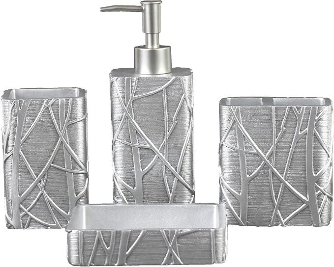 Hymmah Silver Bathroom Accessories Set,Toothbrush Holder,Farmhouse Bathroom Decor,4 Pcs Resin Gift Set Apartment Necessities, Contain Toothbrush Cup,Soap Dispenser,Soap Dish,Tumbler - ModernBath