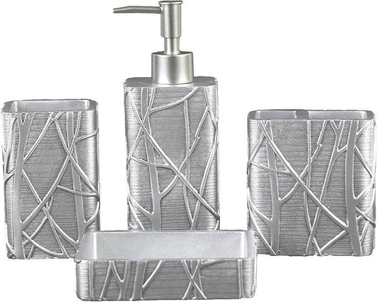 Hymmah Silver Bathroom Accessories Set,Toothbrush Holder,Farmhouse Bathroom Decor,4 Pcs Resin Gift Set Apartment Necessities, Contain Toothbrush Cup,Soap Dispenser,Soap Dish,Tumbler - ModernBath