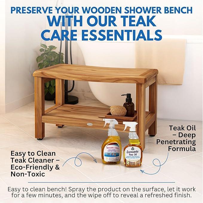EcoDecors Eleganto 30 Inch Natural Color Waterproof Teak Wood Shower Bench Stool Seat Chair For Inside Shower Provides Safety, Storage, and Organization For Bathroom Accessories - ModernBath