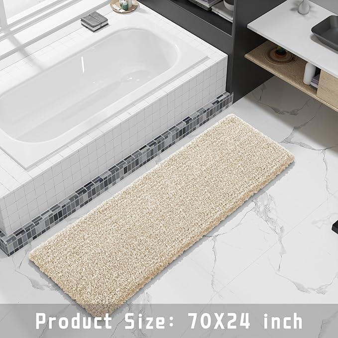 Yimobra Luxury Bathroom Rugs, Fluffy Bath Mats, Non Slip, Water Absorbent Microfiber, Machine Washable, Plush Runner Shower Rugs, Thick Matts for Bathroom Floor/Tub, 70"x 24", Light Beige and White - ModernBath