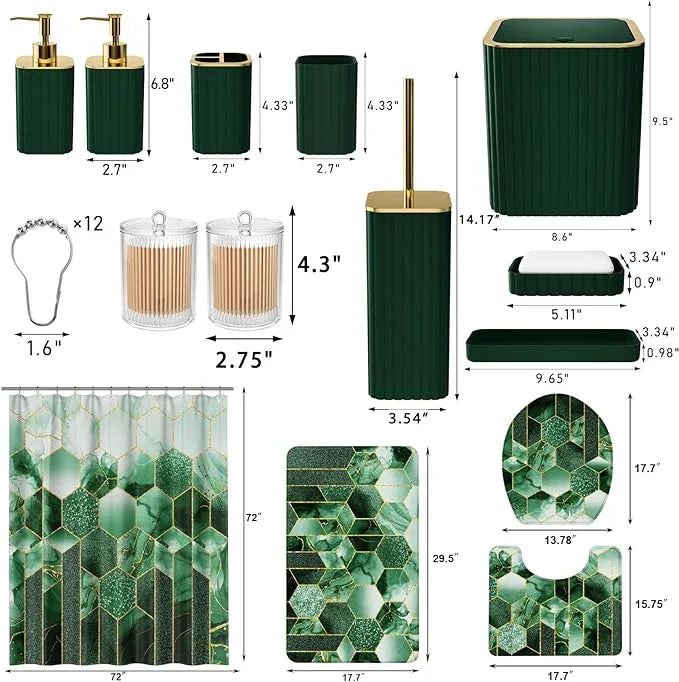XLHOMO Bathroom Set - 26PC Bathroom Set with Shower Curtain and Rugs, Bathroom Accessory Set, Dark Green Bathroom Accessories Set, Trash Can & Soap Dispenser - ModernBath