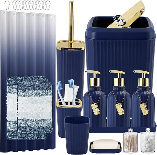 WSBArt 32PCS Bathroom Set Bathroom Sets with Shower Curtain and Rugs Navy Blue Bathroom Accessories,Shower Curtain Set,Bathroom Rug Set with Bathroom Trash Can - ModernBath
