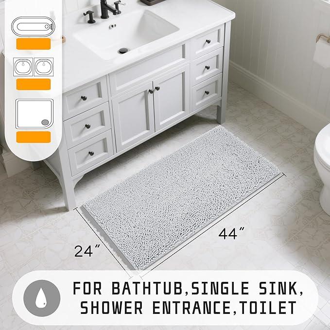 Yimobra Long Bathroom Rugs 44"x24", Extra Soft Non Slip Bath Mat for Tub, Super Absorbent Quick Dry Shaggy Rug Floor Carpet, Machine Washable,Silver - ModernBath