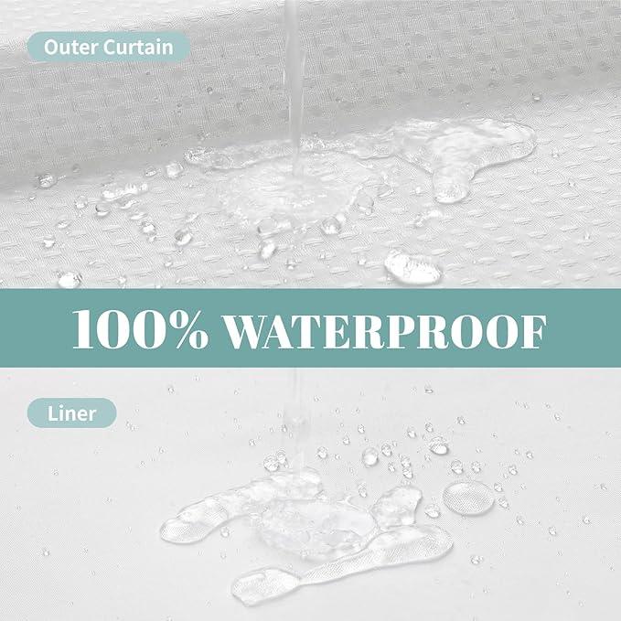 eachope White Long No Hook Waffle Weave Shower Curtain with snap-in Liner Replacement, 230GSM Waterproof Fabric Hotel Shower Curtain Set for Bathroom, Through Mesh Top Window,71Wx80H - ModernBath