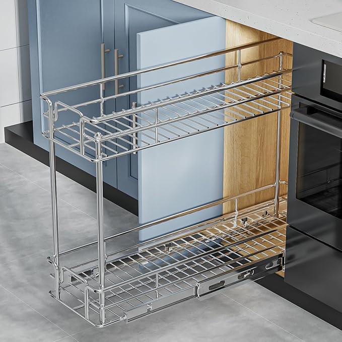 ROOMTEC Pull Out Spice Rack for Narrow Cabinet (8½" W X 21" D),2 Tier Slide Out Cabinet Organizer and Pull Out Shelves Under Cabinet Storage for Kitchen, Chrome - ModernBath