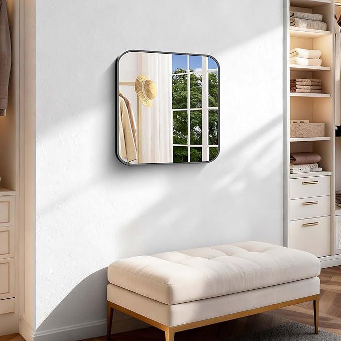 CIVENO Black Bathroom Mirror, 18 x 18 inch Square Mirrors for Wall, Metal Frame Rounded Corner Vanity Mirror for Over Sinks Modern Bedroom Living Room Horizontal Or Vertical Mounting - ModernBath