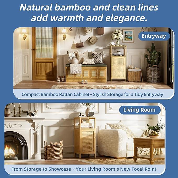 HITNET Rattan Bathroom Storage Cabinet, Small Bamboo Floor Cupboard with Door, Freestanding Narrow Side Organizer for Living Room, Kitchen, Entryway, Natural - ModernBath