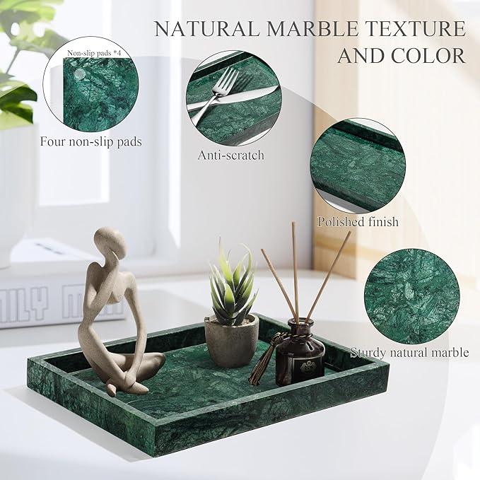 Real Natural Marble Tray for Bathroom, Genuine Marble Stone Vanity Tray, Luxury Storage Trays for Kitchen, Vanity, Home Decor, Dresser, Non-Resin/Non-Ceramic, 12"x 8"x 1.2", Dark Green - ModernBath