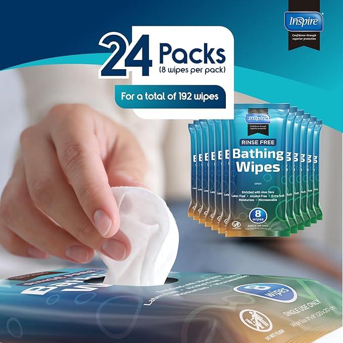 Body Wipes for adults bathing no rinse | Adult Wash Cloths Extra Large, Bathing Wipes for Incontinence, 8"x 8" In (192 count Bulk Pack) | By Inspire - ModernBath