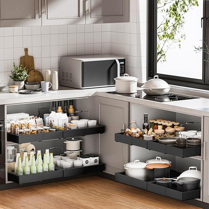 2 Pack Pull Out Cabinet Organizer, Drawers Slide Out Expandable Width (12"-19") and Depth (17"-23") With 3 Slides, Fixed with Adhesive Film and Nail for Cabinets in Kitchen, Pantry or Bathroom - Black - ModernBath