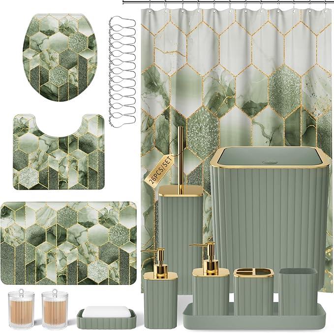 XLHOMO Bathroom Set - 26PC Bathroom Set with Shower Curtain and Rugs, Bathroom Accessory Set, Sage Green Bathroom Accessories Set, Trash Can & Soap Dispenser - ModernBath