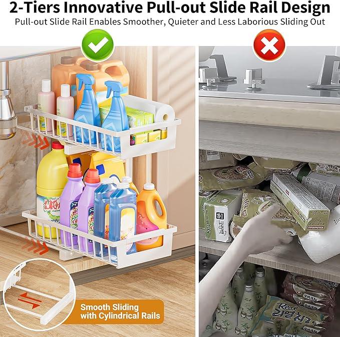 Under Sink Organizer 2 Pack, 2 Tier Adjustable Height Reinforced Carbon Steel Under Kitchen Bathroom Sink Storage Organizer, Smooth Pull-Out Under Sink Cabinet Rack Drawer Organizer, White - ModernBath