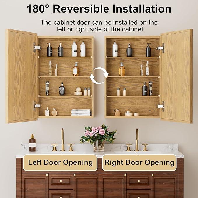 20x28 Inch Wood Medicine Cabinet with Mirror, Surface or Recessed Mounted Bathroom Cabinets with Adjustable Shelves, Soft-Close Hinges, Wall Mounted Cabinet for Storage, Oak-Grain - ModernBath