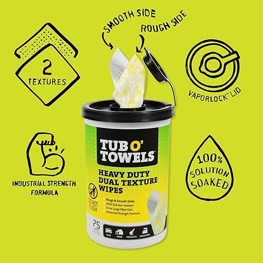 Tub O’ Towels TW75 Heavy-Duty 10" x 12" Size Multi-Surface Cleaning Wipes, Dual Texture, 75 Count Per Canister, 6 Pack - ModernBath