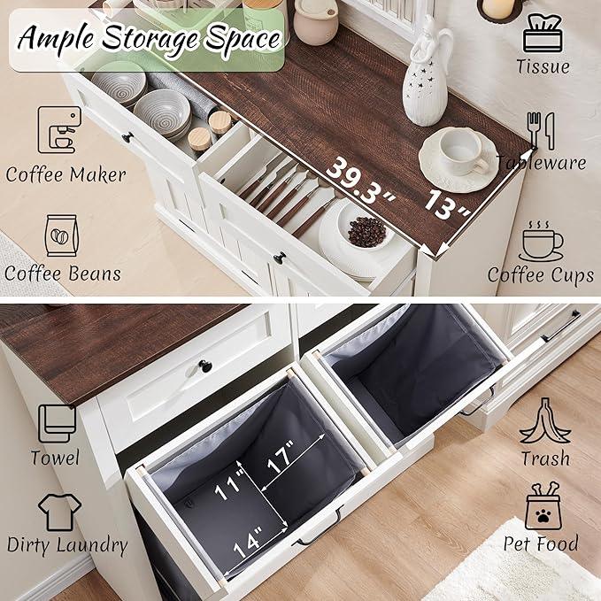 Double Tilt Out Laundry Hamper Cabinet, 20 Gallon Farmhouse Trash Can Cabinet with Drawer, Hidden Wood Garbage Can Bin Cabinets with Laundry Storage Basket for Bathroom, Kitchen (Antique White) - ModernBath
