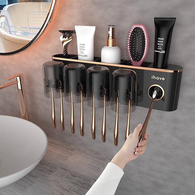 iHave Toothbrush Holders Bathroom Accessories with Toothpaste Dispenser, 4 Cups Toothbrush Holder Wall Mounted Bathroom Decor - ModernBath