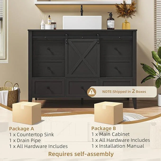 VNN Bathroom Vanity with Sink - 48 Inch Bathroom Vanity with Sink Ceramic, Freestanding Cabinet with Farmhouse Sliding Barn Door and 7 Drawers, Space-Saving Storage Cabinet, Wood Grain Texture, Black - ModernBath