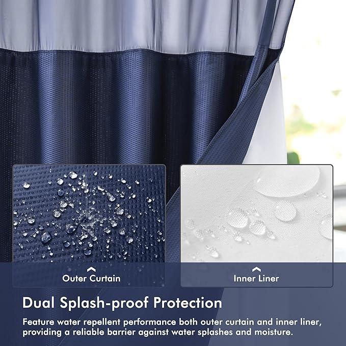 Mrs Awesome No Hook Shower Curtain with Snap-in Liner, Embossed Waffle Design Fabric Shower Curtain for Bathroom, Soft & Lightweight, 71x74, Navy Blue - ModernBath
