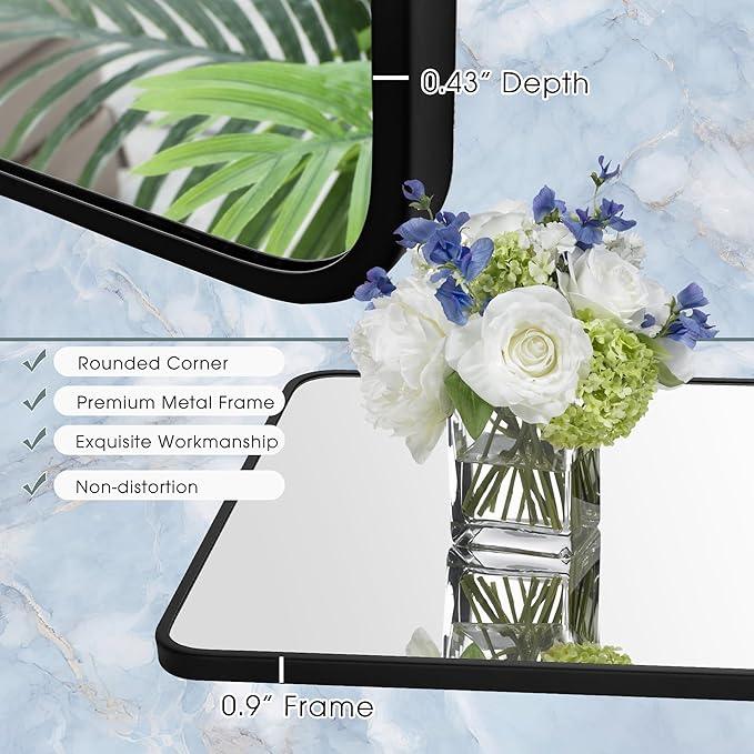 Bonverre 30x30 Inch Rectangle Bathroom Mirror with Black Metal Frame, Rounded Corner Rectangular Vanity Mirror for Wall, Modern Large for Bedroom, Living Room, Horizontal or Vertical - ModernBath