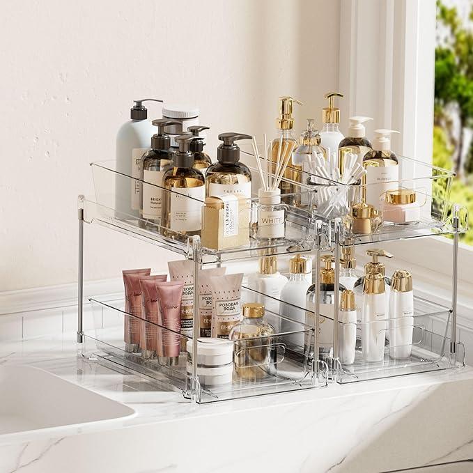 Vtopmart 2 Tier Bathroom Storage Organizer, 2 Pack Clear Under Sink Organizers Vanity Counter Container, Cabinet Drawers Bins, Pull-Out Organization with Track for Pantry, Kitchen - ModernBath