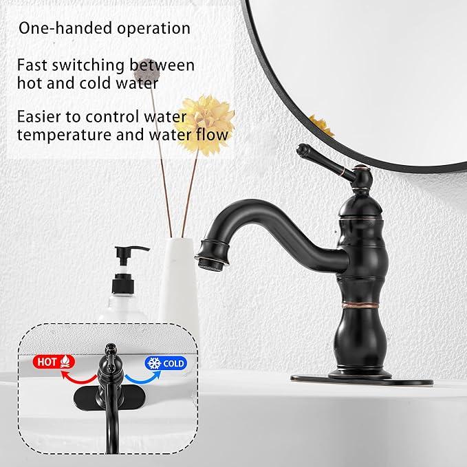 Oil Rubbed Bronze Bathroom Faucet GGStudy Bathroom Vanity Faucet Single Handle One Hole Bathroom Sink Faucet Basin Mixer Tap Matching Pop Up Drain with Overflow - ModernBath