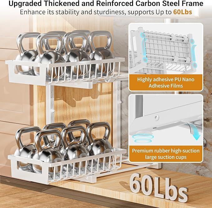 Under Sink Organizer 2 Pack, 2 Tier Adjustable Height Reinforced Carbon Steel Under Kitchen Bathroom Sink Storage Organizer, Smooth Pull-Out Under Sink Cabinet Rack Drawer Organizer, White - ModernBath