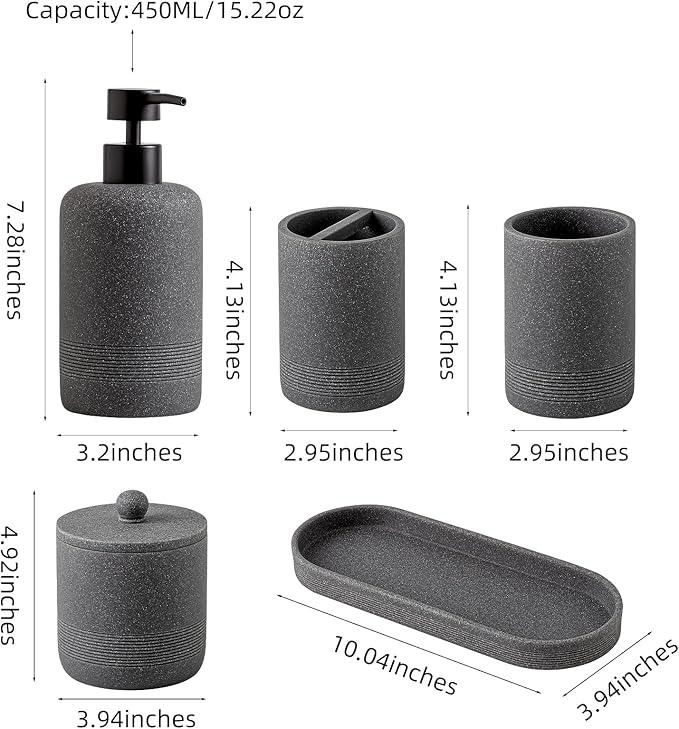 Haocoott Bathroom Accessories Set, 6 PCS Modern Bathroom Accessory Set with 15 OZ Soap Dispenser, Toothbrush Holder, Vanity Tray, Tumbler, 2 PCS Qtip Holders (Grey) - ModernBath