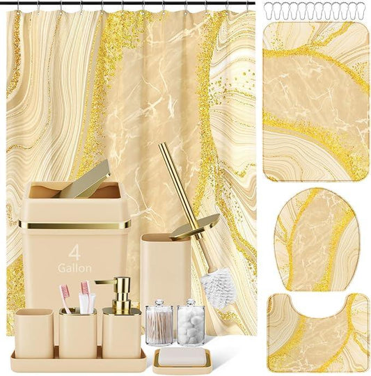 25PCS Bathroom Accessory Set, Beige Bathroom Set with Large-Capacity 4 Gallon Trash Can,Bathroom Rugs Set, Waterproof Shower Curtain, Toilet Brush, Toothbrush Holder & Soap Dispenser - ModernBath