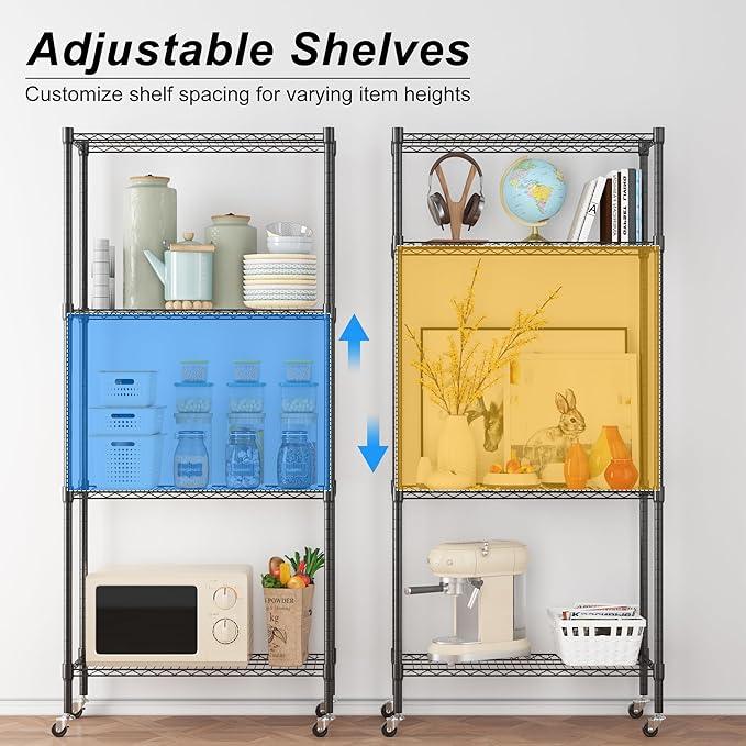 Homdox Heavy Duty 4-Tier Metal Shelving Unit with Adjustable Shelves, Rolling Storage Rack for Kitchen, Garage, Pantry, 29.92"x13.98"x74.41", Black - ModernBath