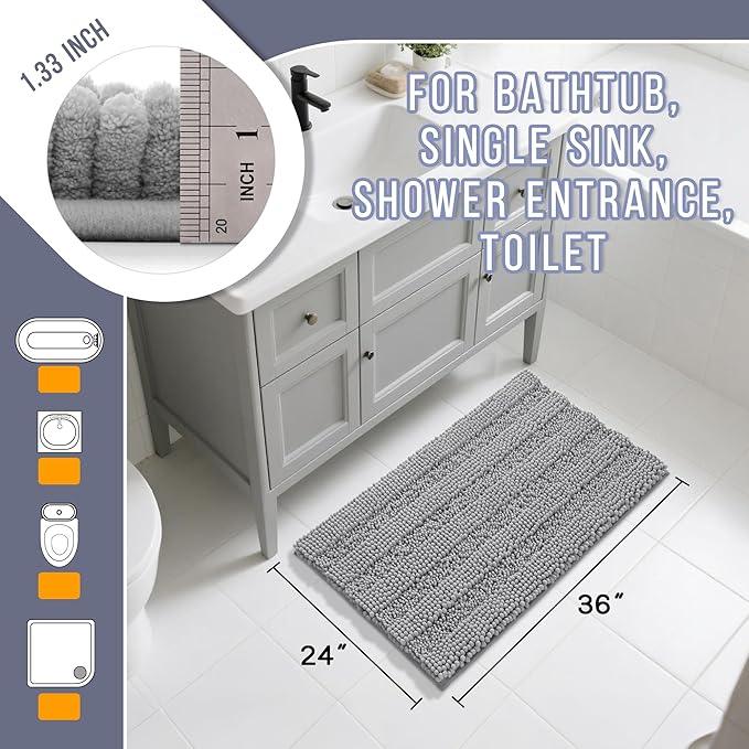 Yimobra Bathroom Rug Mat 36 x 24, Non Slip and Super Absorbent Bath Mat,Machine Washable Quick Dry,Ultra Plush Chenille Shower Rugs for Bathroom Floor Sink Tub and Shower Outside,Gray - ModernBath
