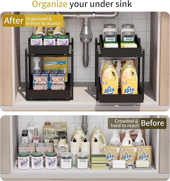 Bamboo Wood Under Sink Organizer 1 Pack, Pull Out Cabinet Organizer 2 Tier Under Sink Organizers and Storage with Sliding Drawer Sturdy Easy Assembly for Kitchen Bathroom Undersink (Black, 1 Pack) - ModernBath