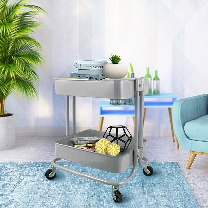 PUNP 2 Tier Rolling Cart，Metal Utility Cart with Wheels and Cover for Office Home Kitchen Organization - ModernBath
