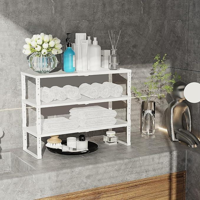 Expandable Cabinet Shelf Organizer Storage Spice Rack Shelves for Kitchen Stackable Adjustable Pantry Cupboard Bathroom Countertop Desktop(2Packs/White/Large) - ModernBath