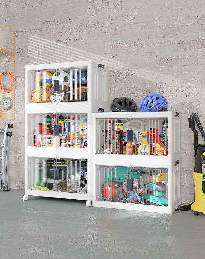 OlarHike 97QT Stackable Storage Bins with Lids - Folding Storage Box with Doors and Wheels, Collapsible Plastic Storage Drawers for Closets, 5 Pack Cubes - ModernBath
