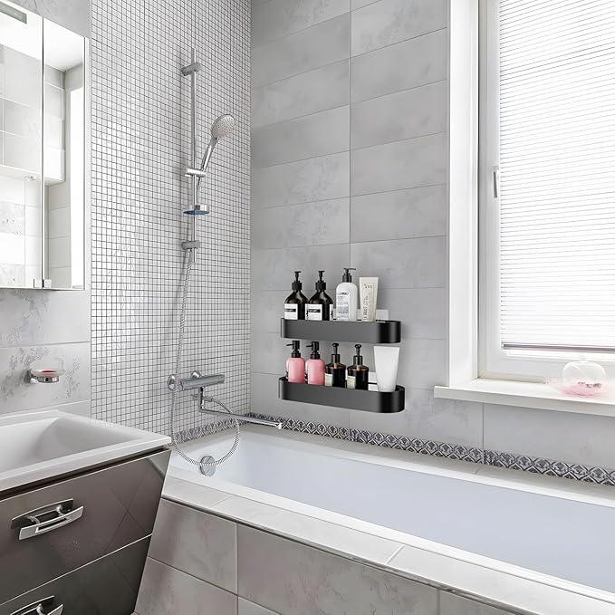 X-Large Adhesive Shower Caddy, 2 Pack Bathroom Organizers and Storage with Large Capacity and 4 Hooks, No Drilling Shower Shelves for Inside Shower for Bathroom, Dorm and Kitchen - ModernBath